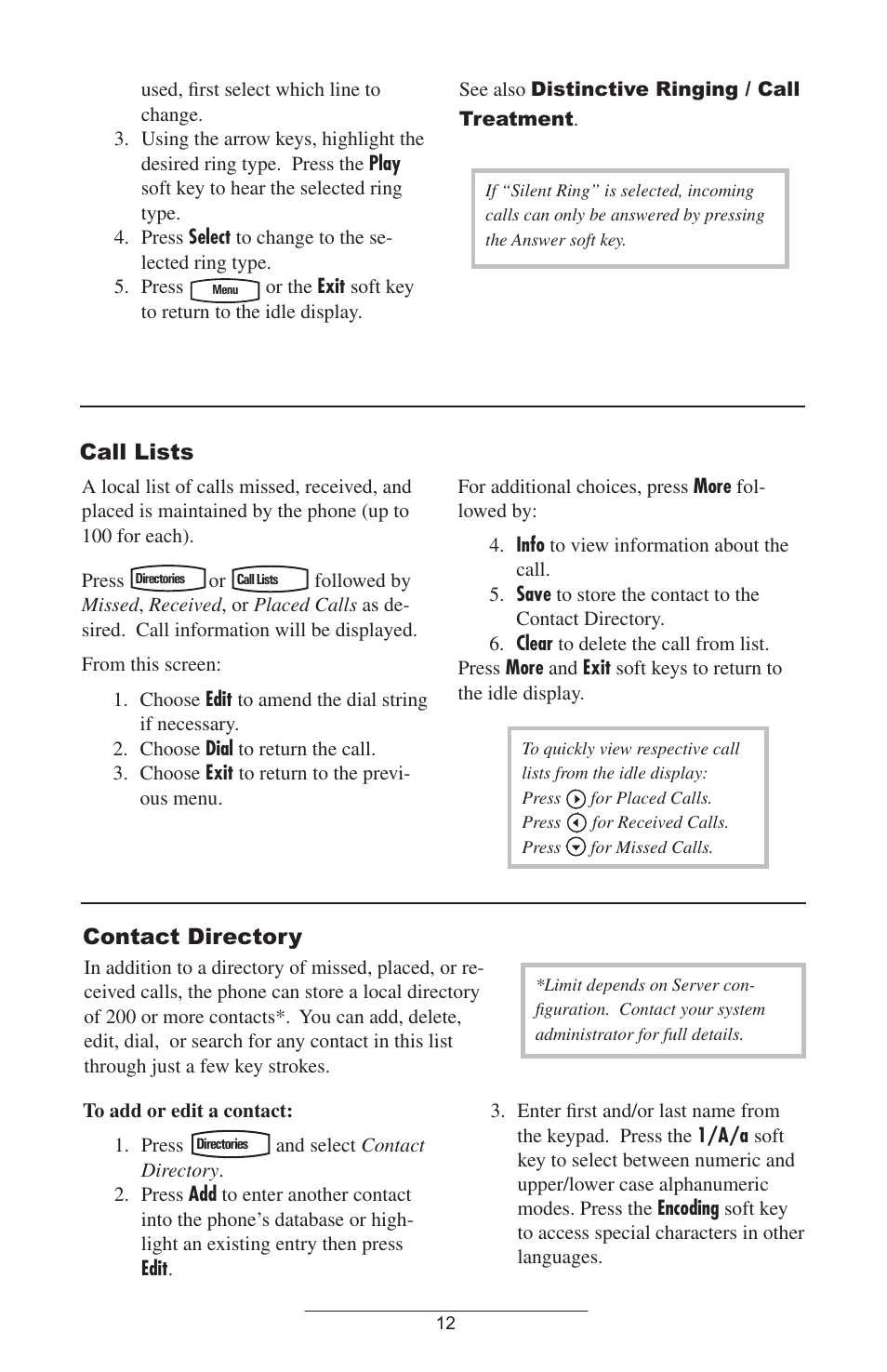 Ring type, Call lists, Contact directory | Polycom IP 500/501 SIP 2.0 User Manual | Page 15 / 29