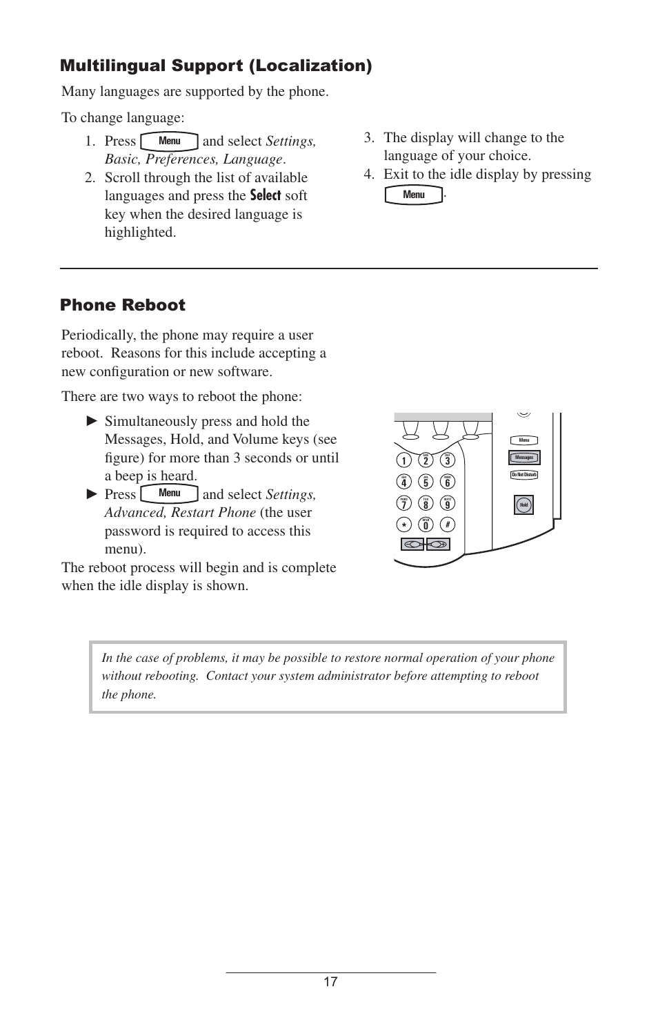 Multilingual support (localization), Phone reboot | Polycom IP 500/501 SIP 2.0 User Manual | Page 20 / 29