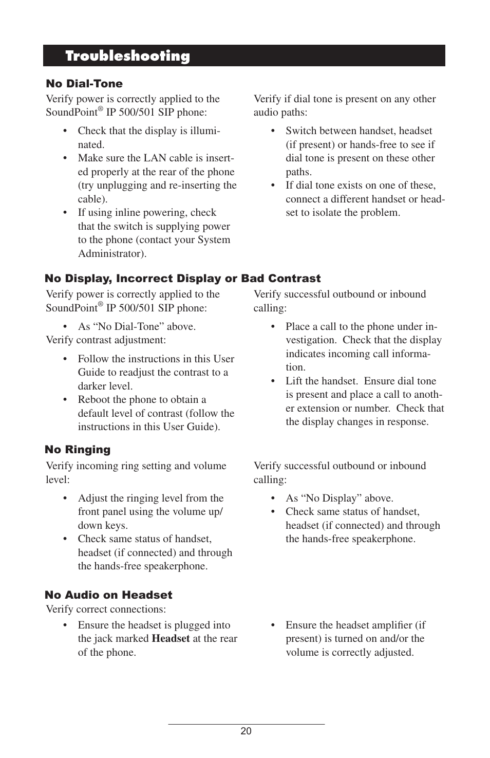 Troubleshooting | Polycom IP 500/501 SIP 2.0 User Manual | Page 23 / 29