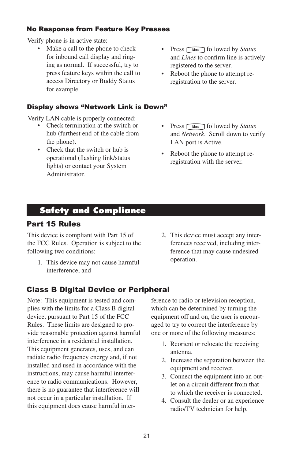 Safety and compliance, Part 15 rules, Class b digital device or peripheral | Polycom IP 500/501 SIP 2.0 User Manual | Page 24 / 29