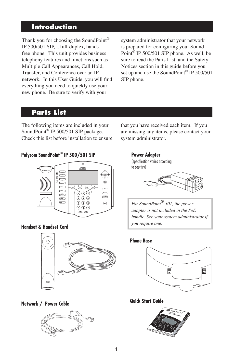 Introduction, Parts list, Introduction parts list | Phone base quick start guide, Speciﬁcation varies according to country), For soundpoint | Polycom IP 500/501 SIP 2.0 User Manual | Page 4 / 29