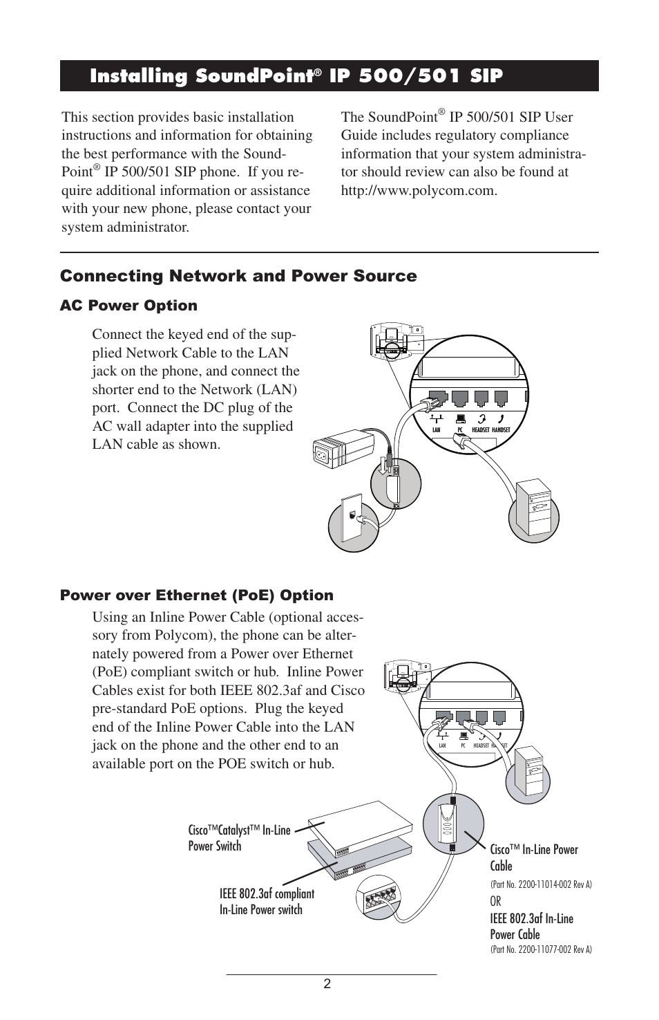 Installing soundpoint, Ip 500/501 sip, Connecting network and power source | Ac power option power over ethernet (poe) option | Polycom IP 500/501 SIP 2.0 User Manual | Page 5 / 29