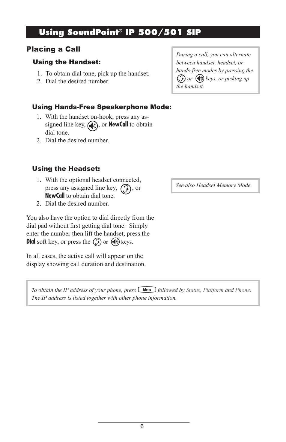 Using soundpoint, Ip 500/501 sip, Placing a call | Polycom IP 500/501 SIP 2.0 User Manual | Page 9 / 29
