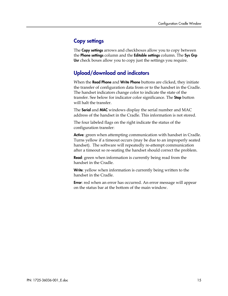 Copy settings, Upload/download and indicators | Polycom SpectraLink 1725-36036-001_E User Manual | Page 15 / 29