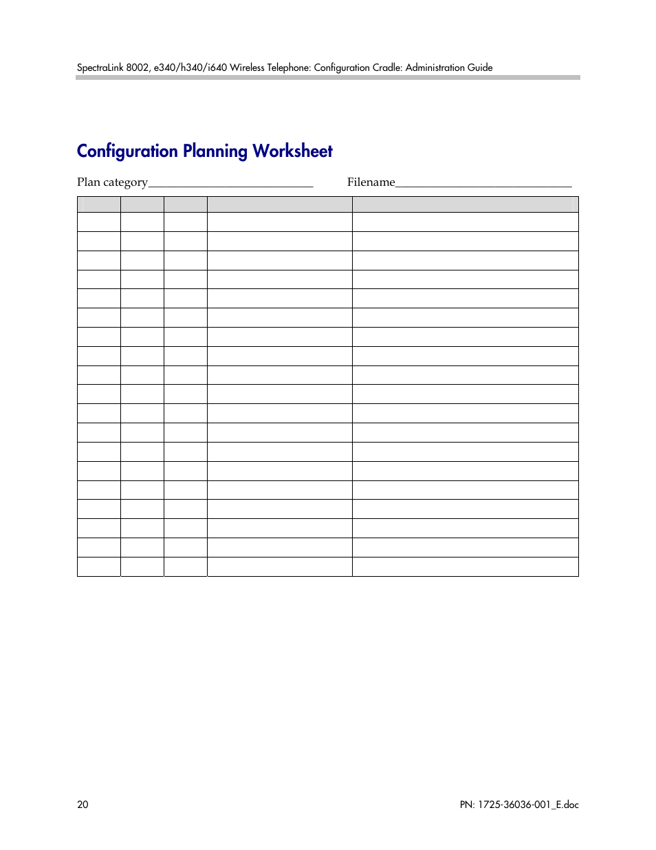 Configuration planning worksheet | Polycom SpectraLink 1725-36036-001_E User Manual | Page 20 / 29
