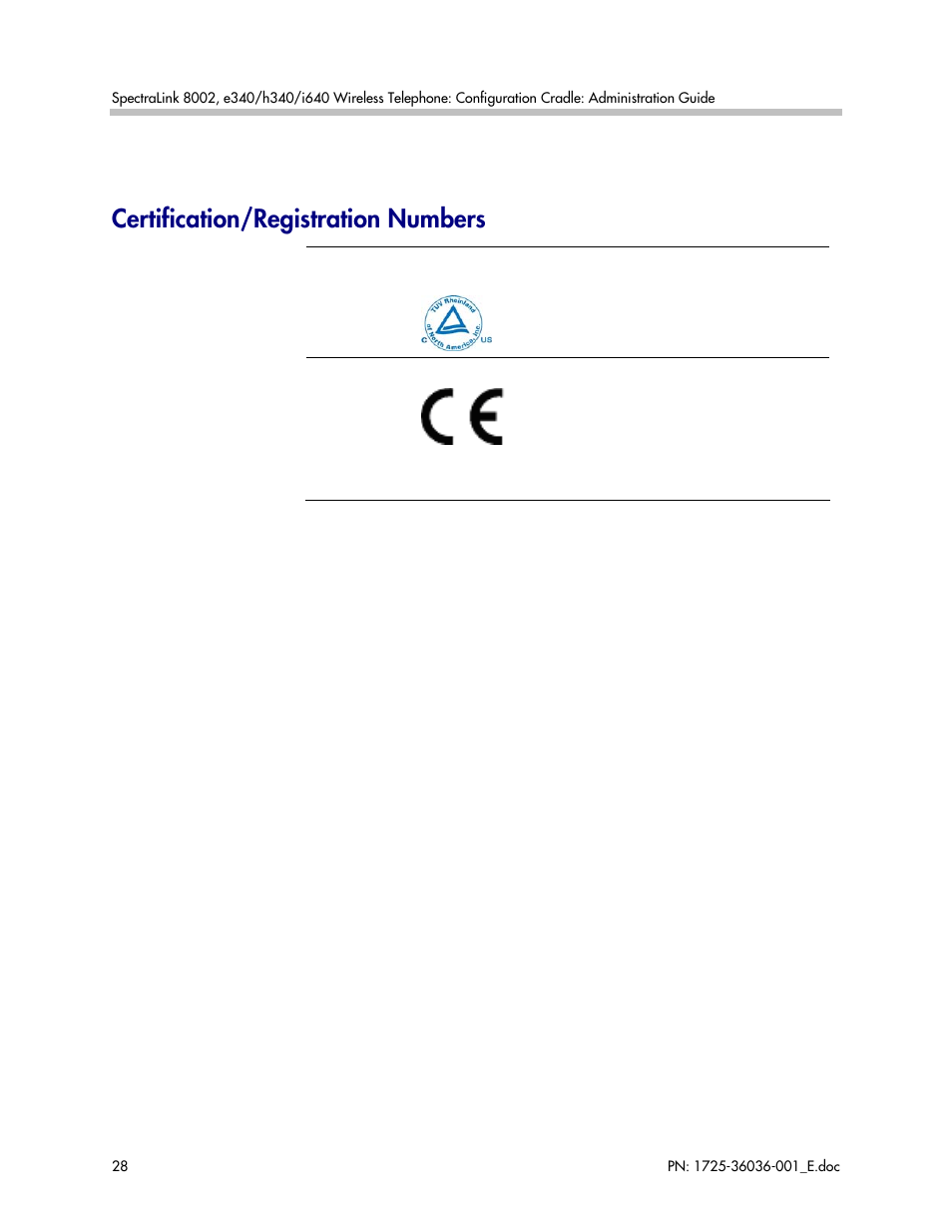 Certification/registration numbers | Polycom SpectraLink 1725-36036-001_E User Manual | Page 28 / 29