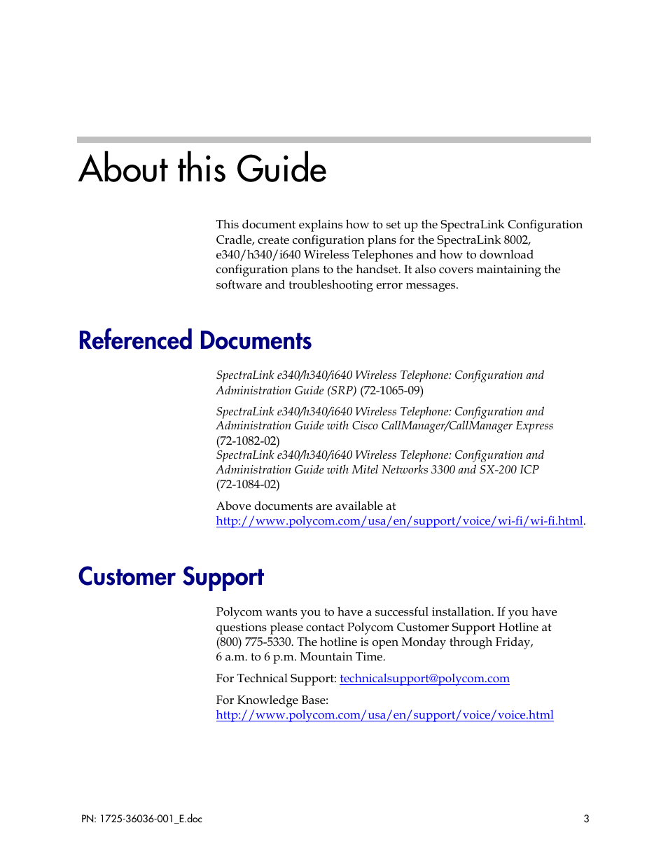 About this guide, Referenced documents, Customer support | Polycom SpectraLink 1725-36036-001_E User Manual | Page 3 / 29