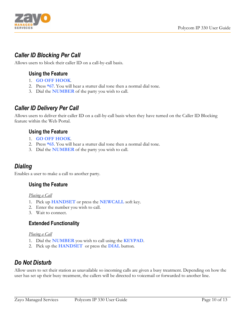 Caller id blocking per call, Caller id delivery per call, Dialing | Do not disturb | Polycom 330 User Manual | Page 10 / 13