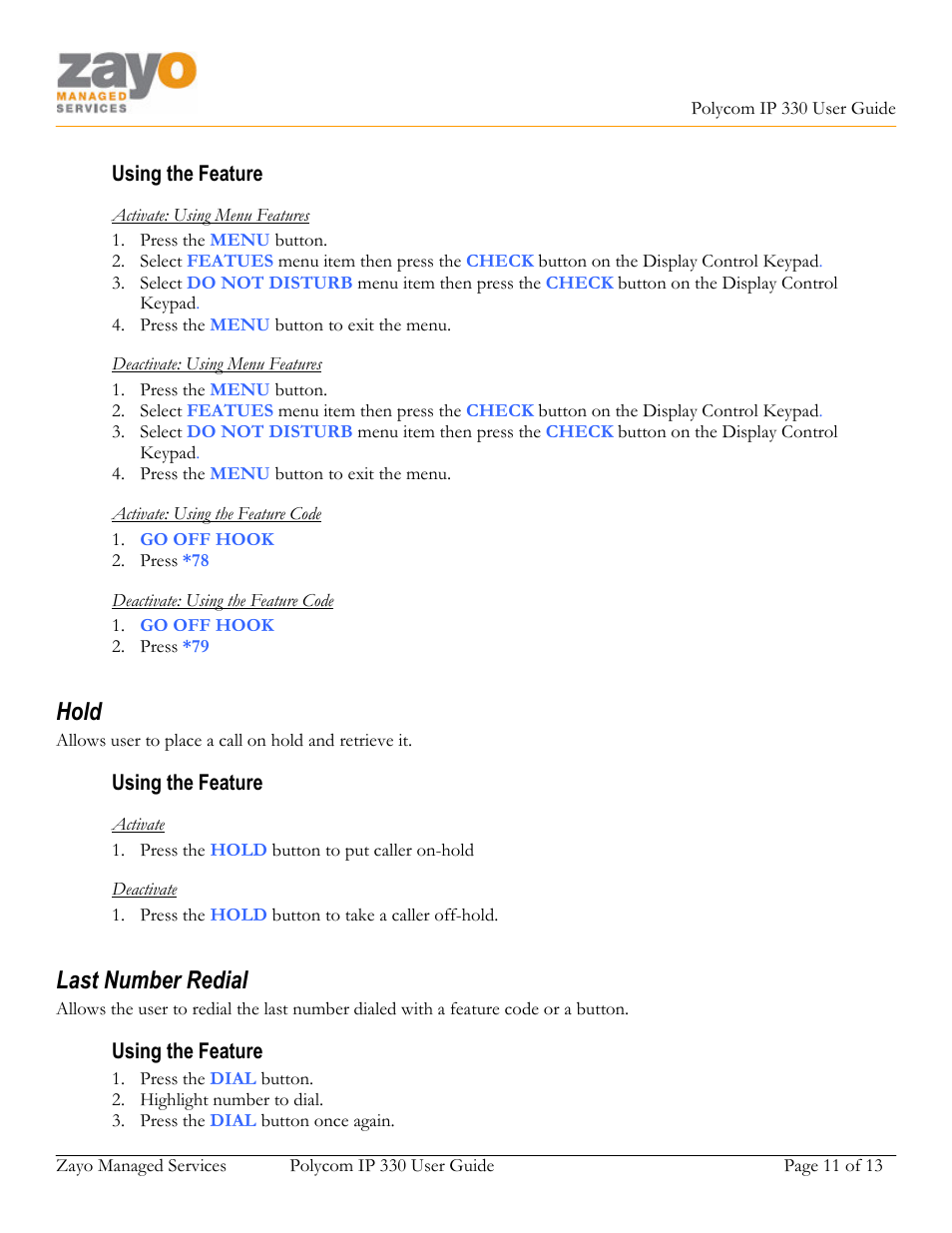 Hold, Last number redial | Polycom 330 User Manual | Page 11 / 13