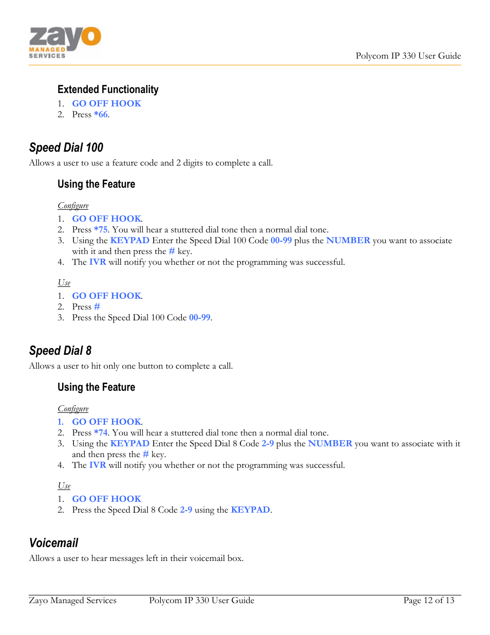 Speed dial 100, Speed dial 8, Voicemail | Polycom 330 User Manual | Page 12 / 13