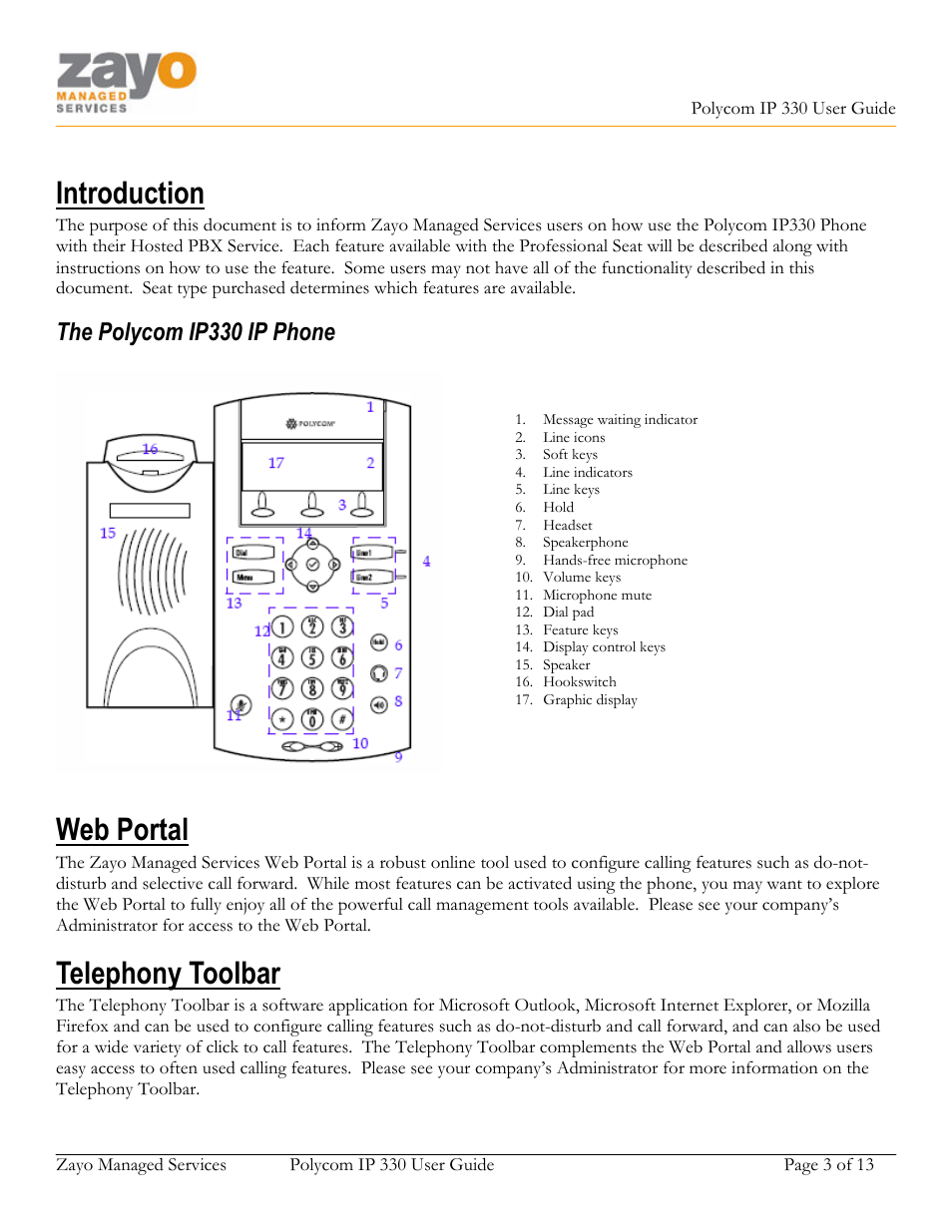Introduction, Web portal, Telephony toolbar | The polycom ip330 ip phone | Polycom 330 User Manual | Page 3 / 13