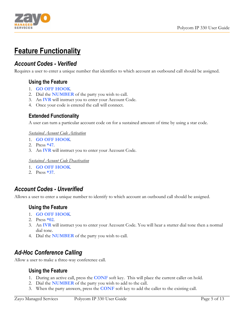 Feature functionality, Account codes - verified, Account codes - unverified | Ad-hoc conference calling | Polycom 330 User Manual | Page 5 / 13