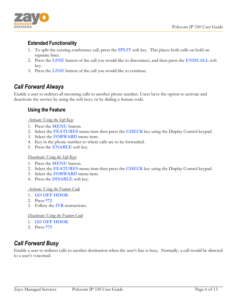 Call forward always, Call forward busy | Polycom 330 User Manual | Page 6 / 13