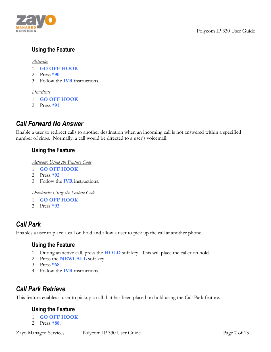 Call forward no answer, Call park, Call park retrieve | Polycom 330 User Manual | Page 7 / 13