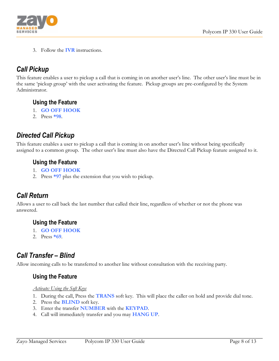 Call pickup, Directed call pickup, Call return | Call transfer – blind | Polycom 330 User Manual | Page 8 / 13