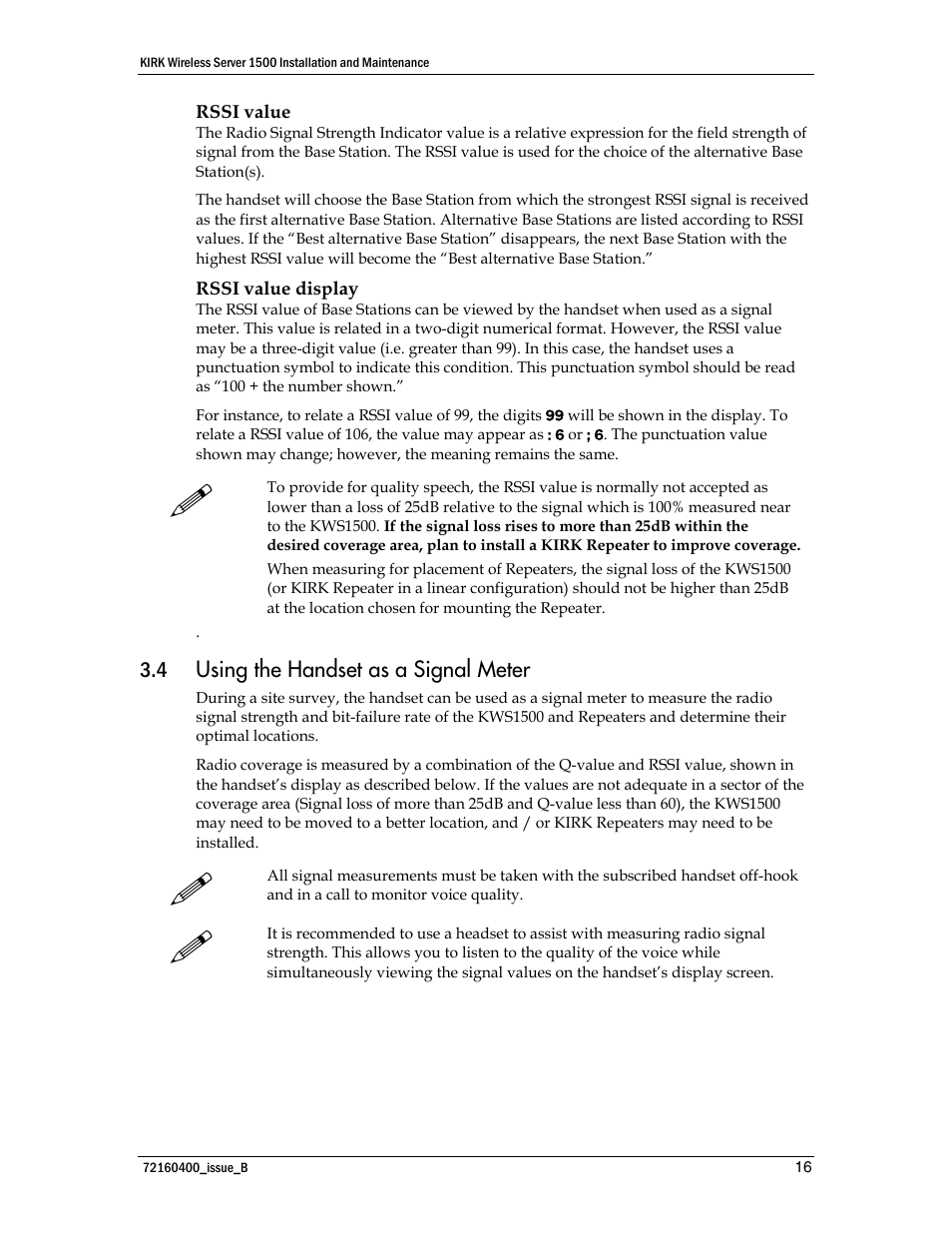 Using the handset as a signal meter | Polycom KIRK KWS1500 User Manual | Page 16 / 48