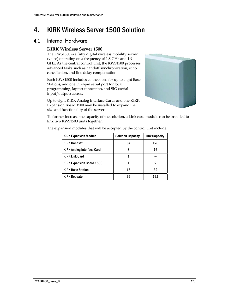 Kirk wireless server 1500 solution, Internal hardware, 1 internal hardware | Polycom KIRK KWS1500 User Manual | Page 25 / 48