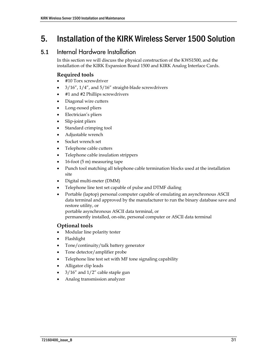 Internal hardware installation, 1 internal hardware installation | Polycom KIRK KWS1500 User Manual | Page 31 / 48