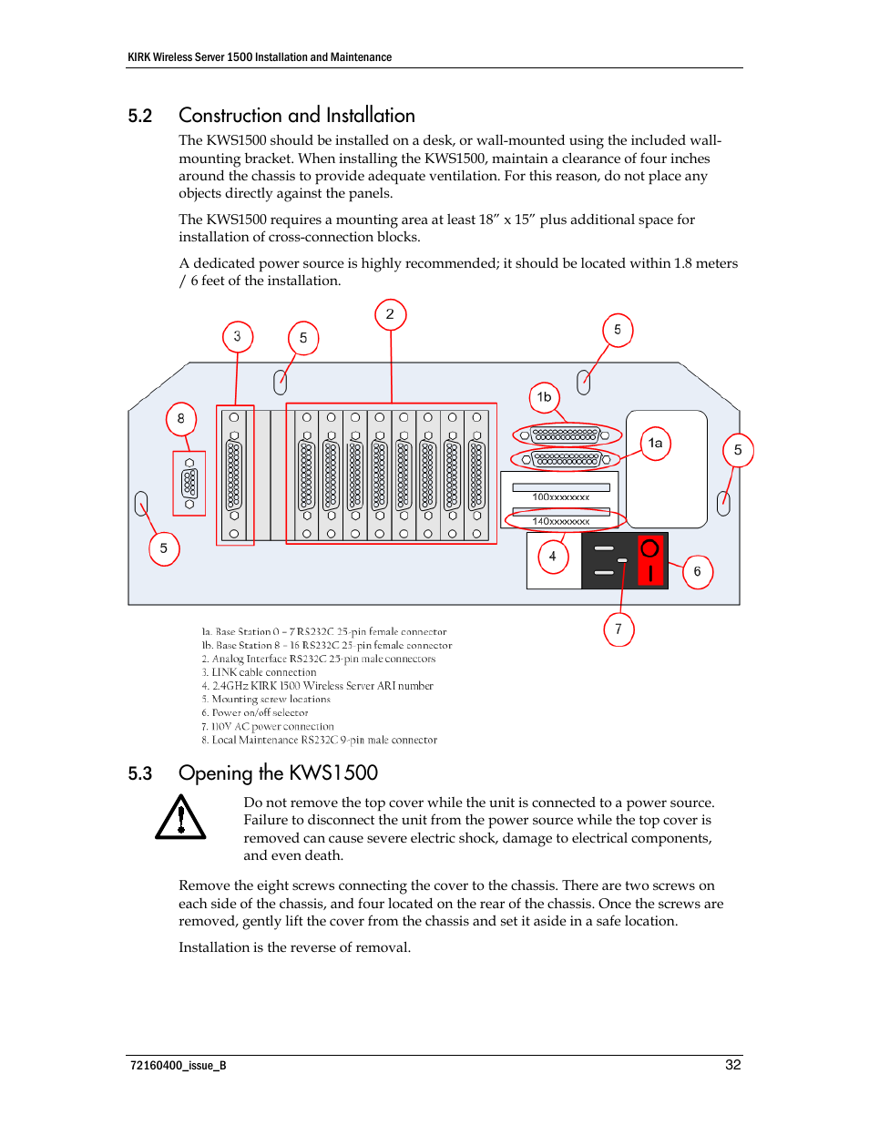 Construction and installation, Opening the kws1500 | Polycom KIRK KWS1500 User Manual | Page 32 / 48