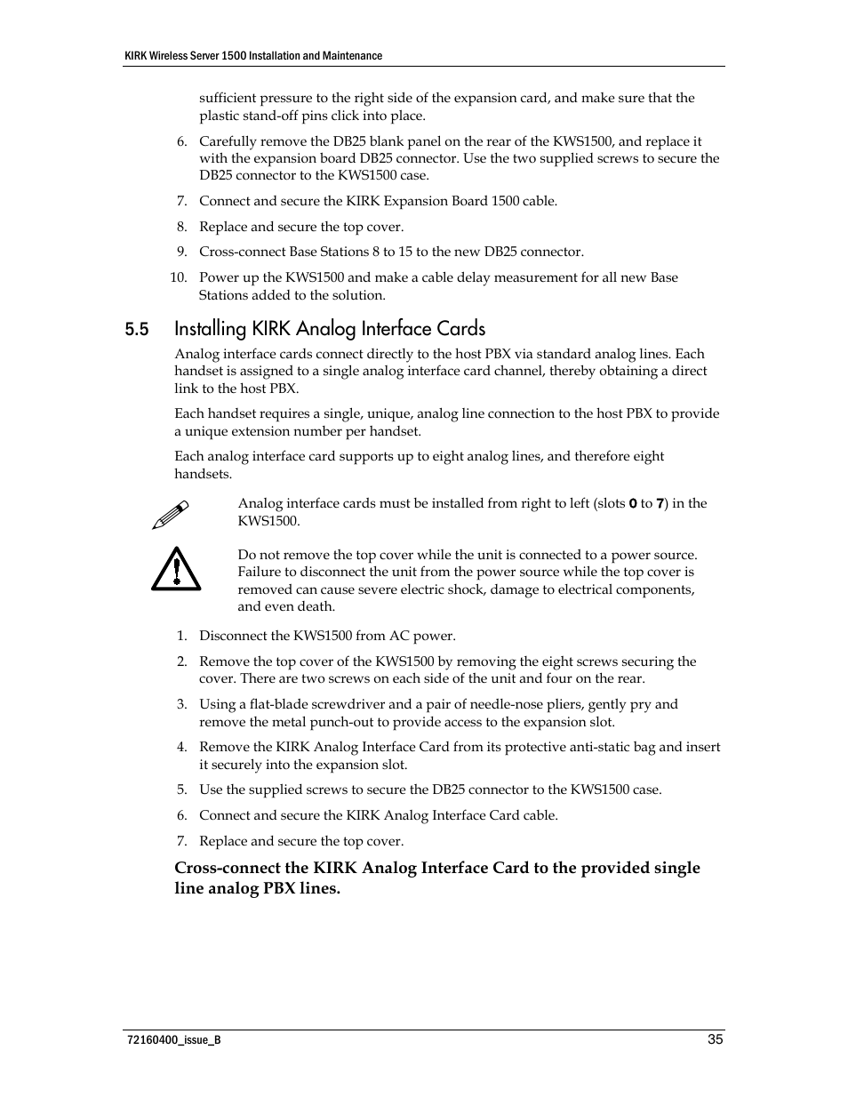 Installing kirk analog interface cards | Polycom KIRK KWS1500 User Manual | Page 35 / 48