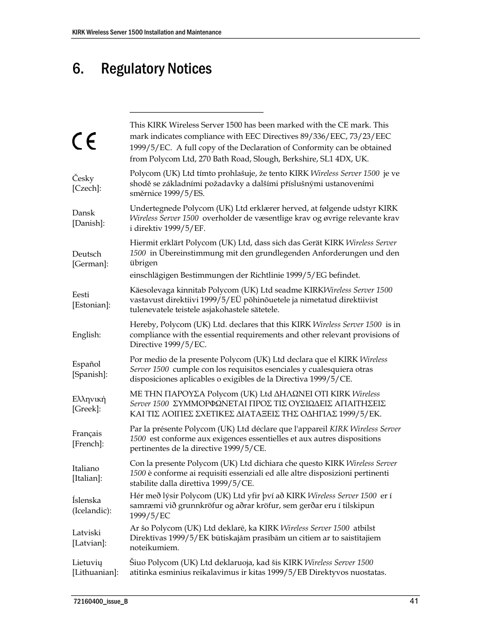 Regulatory notices, Ce mark r& tte directive | Polycom KIRK KWS1500 User Manual | Page 41 / 48