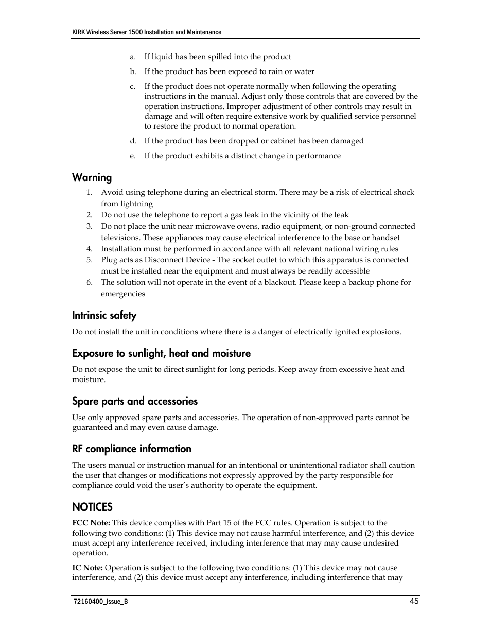 Warning, Intrinsic safety, Exposure to sunlight, heat and moisture | Spare parts and accessories, Rf compliance information, Notices | Polycom KIRK KWS1500 User Manual | Page 45 / 48