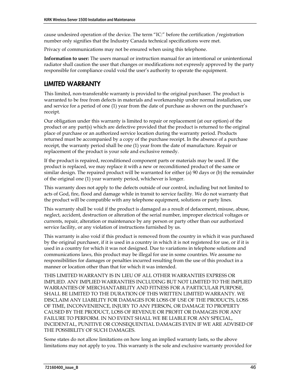 Limited warranty | Polycom KIRK KWS1500 User Manual | Page 46 / 48