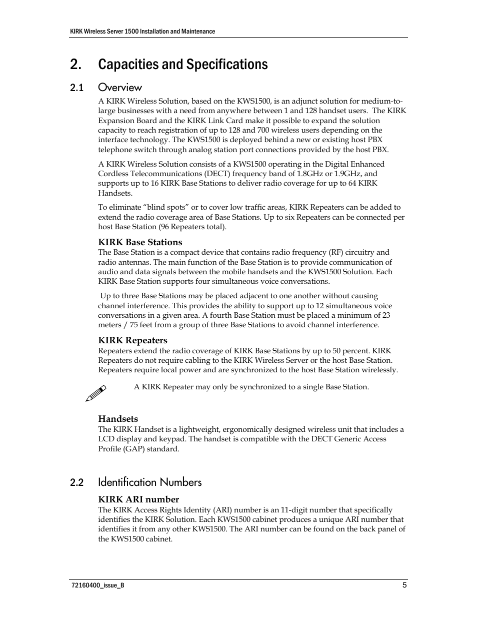 Capacities and specifications, Overview, Identification numbers | Polycom KIRK KWS1500 User Manual | Page 5 / 48