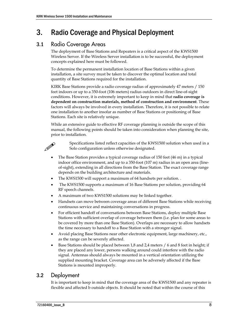 Radio coverage and physical deployment, Radio coverage areas, Deployment | Polycom KIRK KWS1500 User Manual | Page 8 / 48