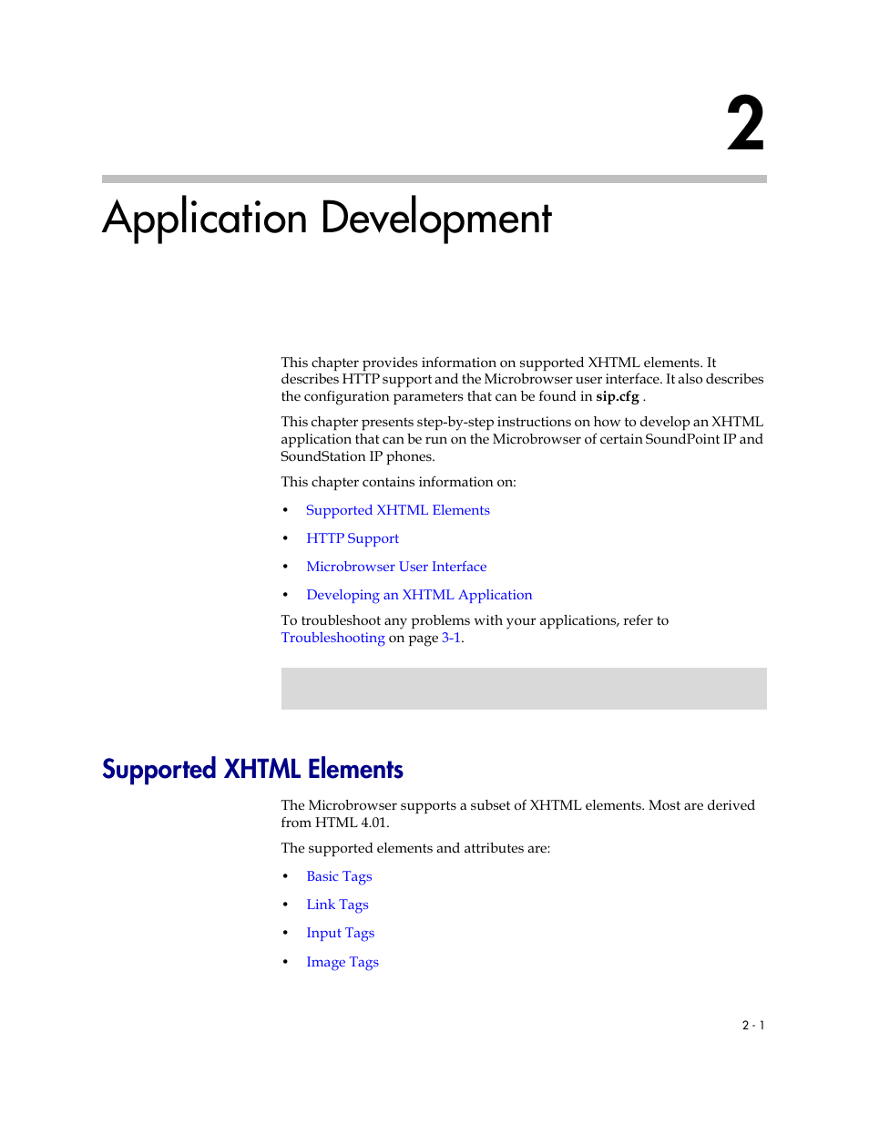 Application development, Supported xhtml elements, 2 application development –1 | Supported xhtml elements –1, R to | Polycom SIP 3.0.2 User Manual | Page 11 / 36