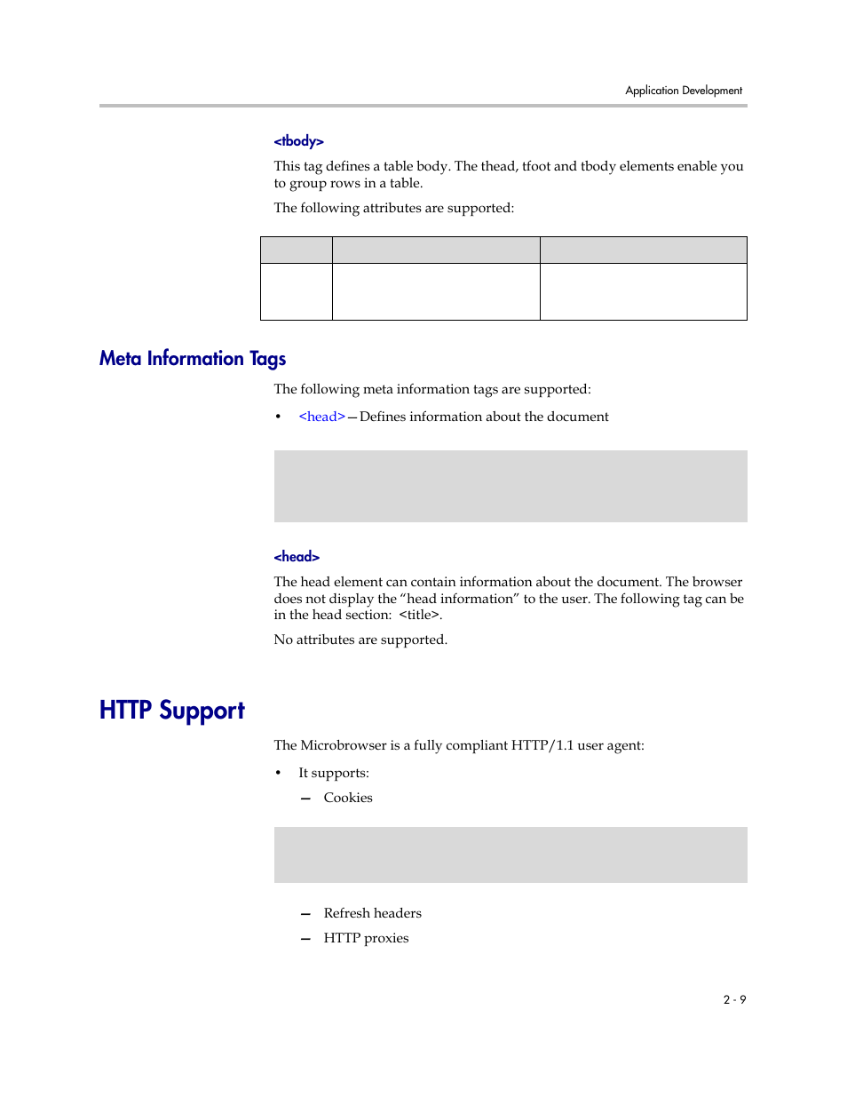 Meta information tags, Http support, Meta information tags –9 | Http support –9, Tbody, Defines a table | Polycom SIP 3.0.2 User Manual | Page 19 / 36