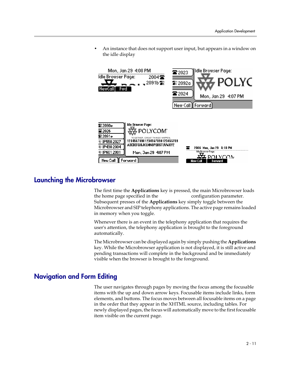 Launching the microbrowser, Navigation and form editing | Polycom SIP 3.0.2 User Manual | Page 21 / 36