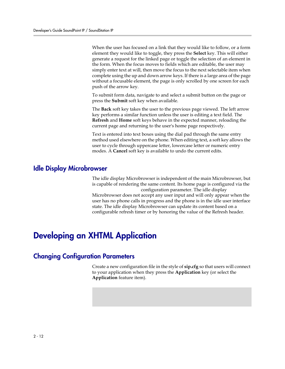 Idle display microbrowser, Developing an xhtml application, Changing configuration parameters | Idle display microbrowser –12, Developing an xhtml application –12, Changing configuration parameters –12 | Polycom SIP 3.0.2 User Manual | Page 22 / 36