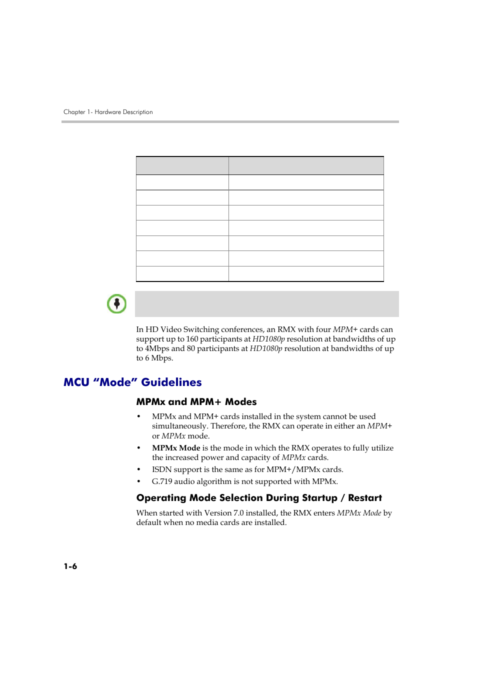 Mcu “mode” guidelines, Mpmx and mpm+ modes, Operating mode selection during startup / restart | Mcu “mode” guidelines -6 | Polycom DOC2559A User Manual | Page 12 / 65