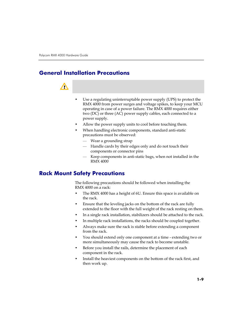 General installation precautions, Rack mount safety precautions | Polycom DOC2559A User Manual | Page 15 / 65