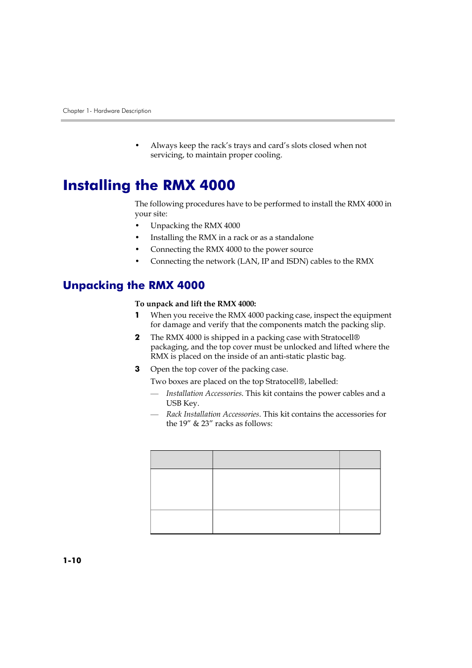 Installing the rmx 4000, Unpacking the rmx 4000, Installing the rmx 4000 -10 | Unpacking the rmx 4000 -10 | Polycom DOC2559A User Manual | Page 16 / 65