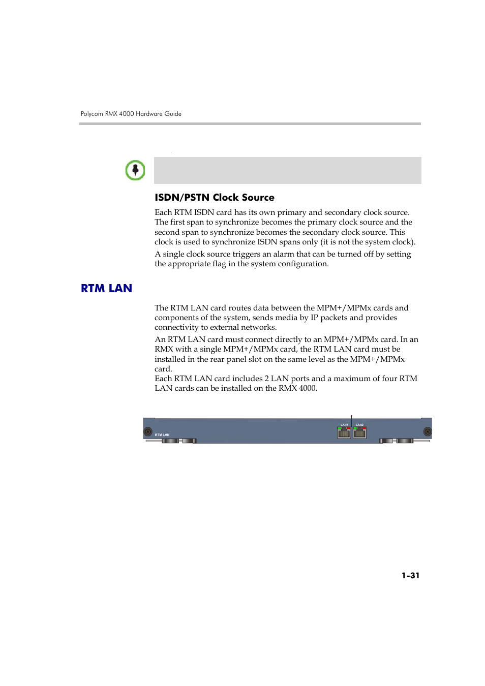 Isdn/pstn clock source, Rtm lan, Isdn/pstn clock source -31 | Rtm lan -31 | Polycom DOC2559A User Manual | Page 37 / 65