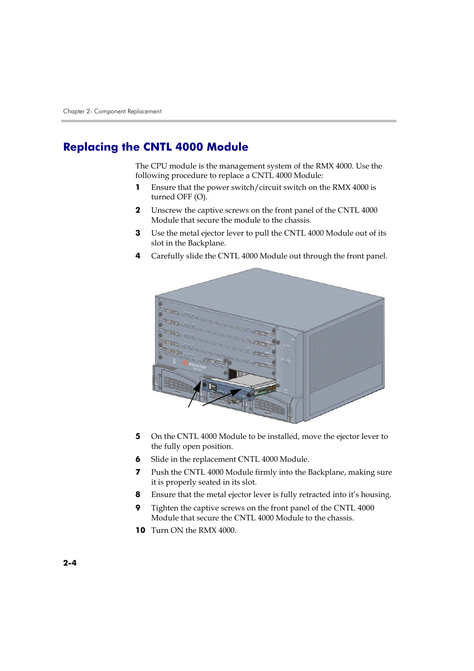 Replacing the cntl 4000 module, Replacing the cntl 4000 module -4, Dule, see " replacing the cntl 4000 module” on | Polycom DOC2559A User Manual | Page 50 / 65