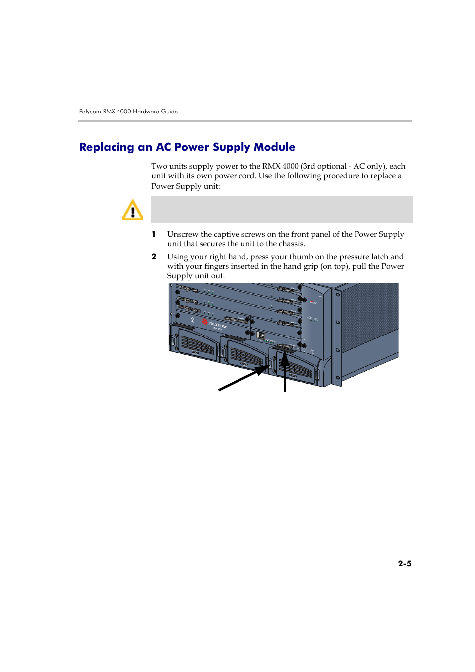 Replacing an ac power supply module, Replacing an ac power supply module -5, See " replacing an ac power supply | Polycom DOC2559A User Manual | Page 51 / 65