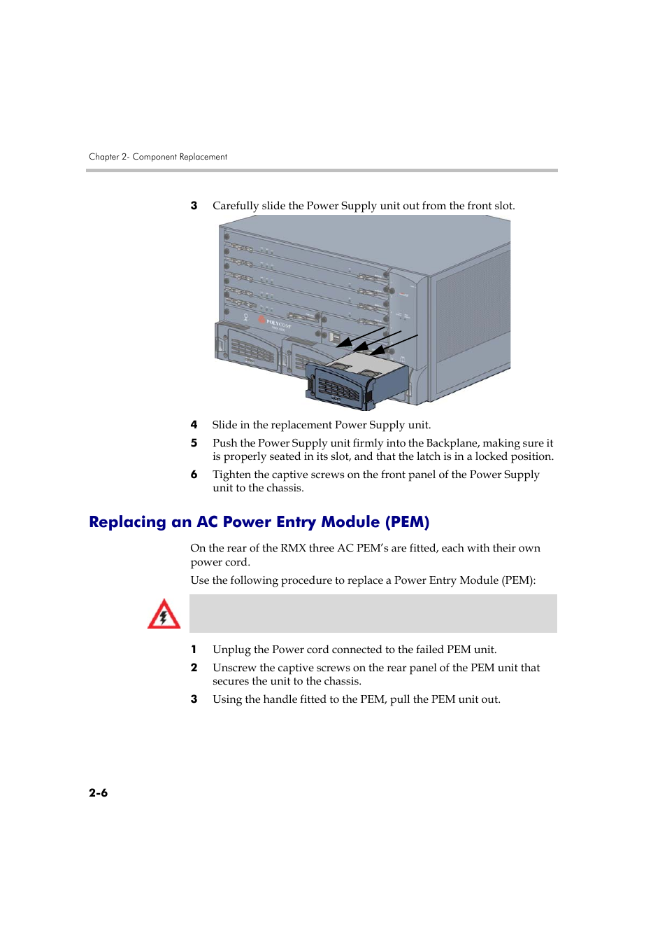 Replacing an ac power entry module (pem), Replacing an ac power entry module (pem) -6, See " replacing an ac power entry module | Polycom DOC2559A User Manual | Page 52 / 65