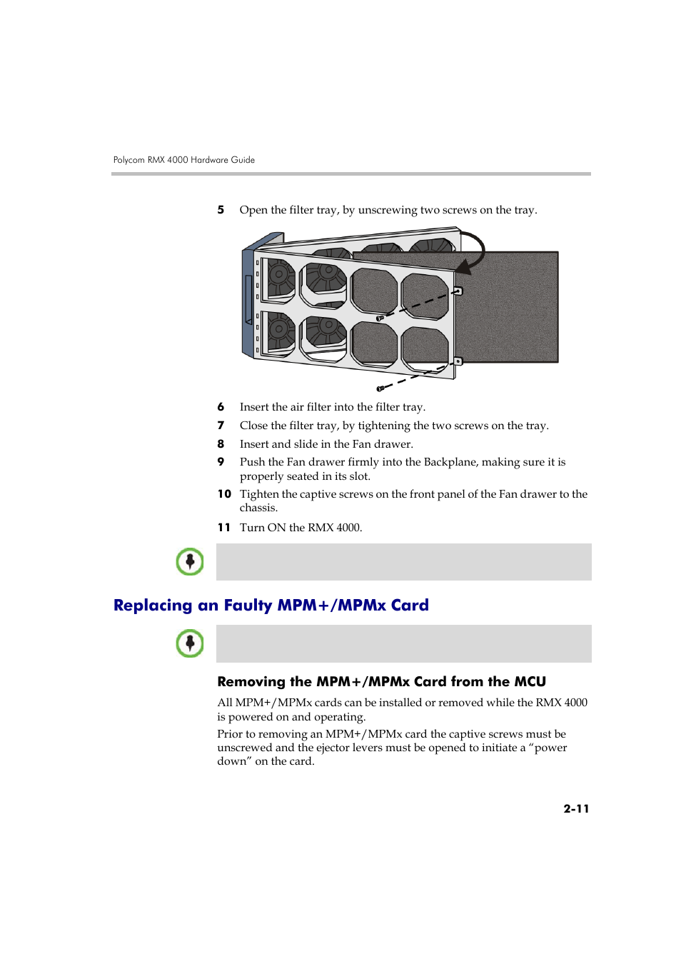 Replacing an faulty mpm+/mpmx card, Removing the mpm+/mpmx card from the mcu, Replacing an faulty mpm+/mpmx card -11 | Removing the mpm+/mpmx card from the mcu -11, See " replacing an | Polycom DOC2559A User Manual | Page 57 / 65