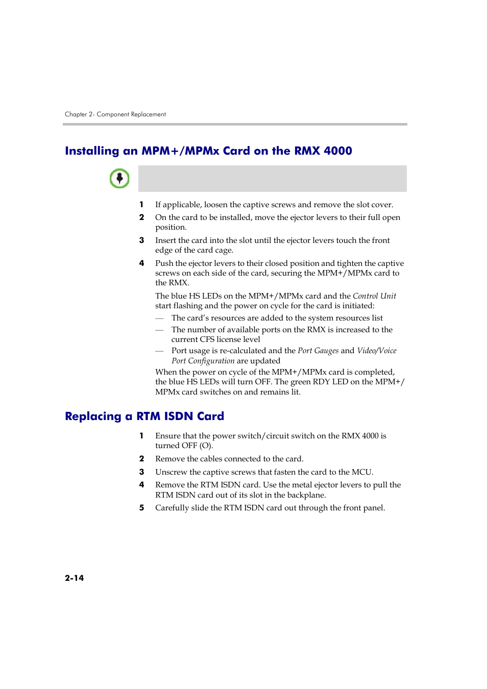 Installing an mpm+/mpmx card on the rmx 4000, Replacing a rtm isdn card | Polycom DOC2559A User Manual | Page 60 / 65