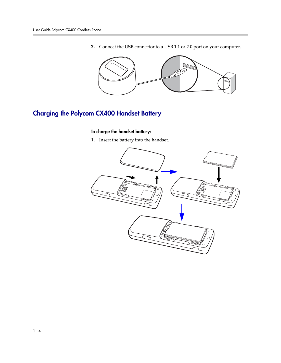 Charging the polycom cx400 handset battery, Charging the polycom cx400 handset battery –4 | Polycom CX400 User Manual | Page 10 / 42