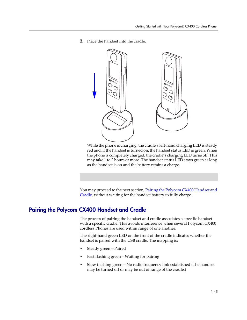 Pairing the polycom cx400 handset and cradle, Pairing the polycom cx400 handset and cradle –5 | Polycom CX400 User Manual | Page 11 / 42