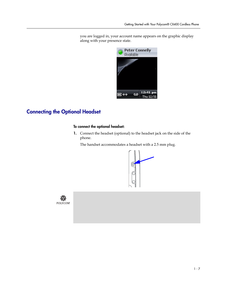 Connecting the optional headset, Connecting the optional headset –7 | Polycom CX400 User Manual | Page 13 / 42