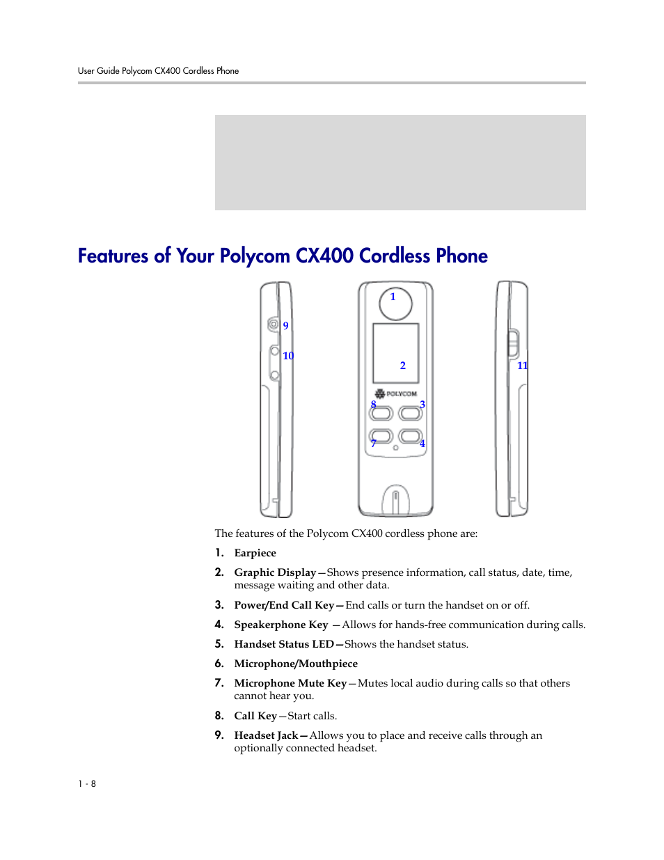 Features of your polycom cx400 cordless phone, Features of your polycom cx400 cordless phone –8 | Polycom CX400 User Manual | Page 14 / 42