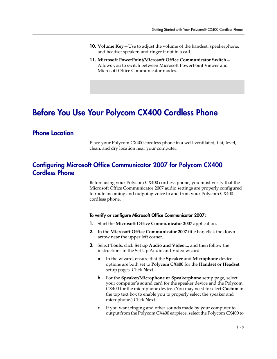 Before you use your polycom cx400 cordless phone, Phone location, Cordless phone –9 | Polycom CX400 User Manual | Page 15 / 42