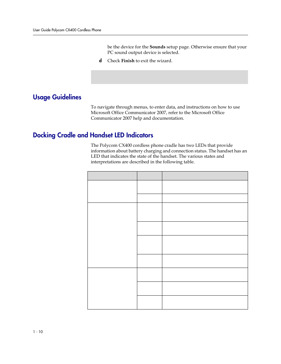 Usage guidelines, Docking cradle and handset led indicators | Polycom CX400 User Manual | Page 16 / 42