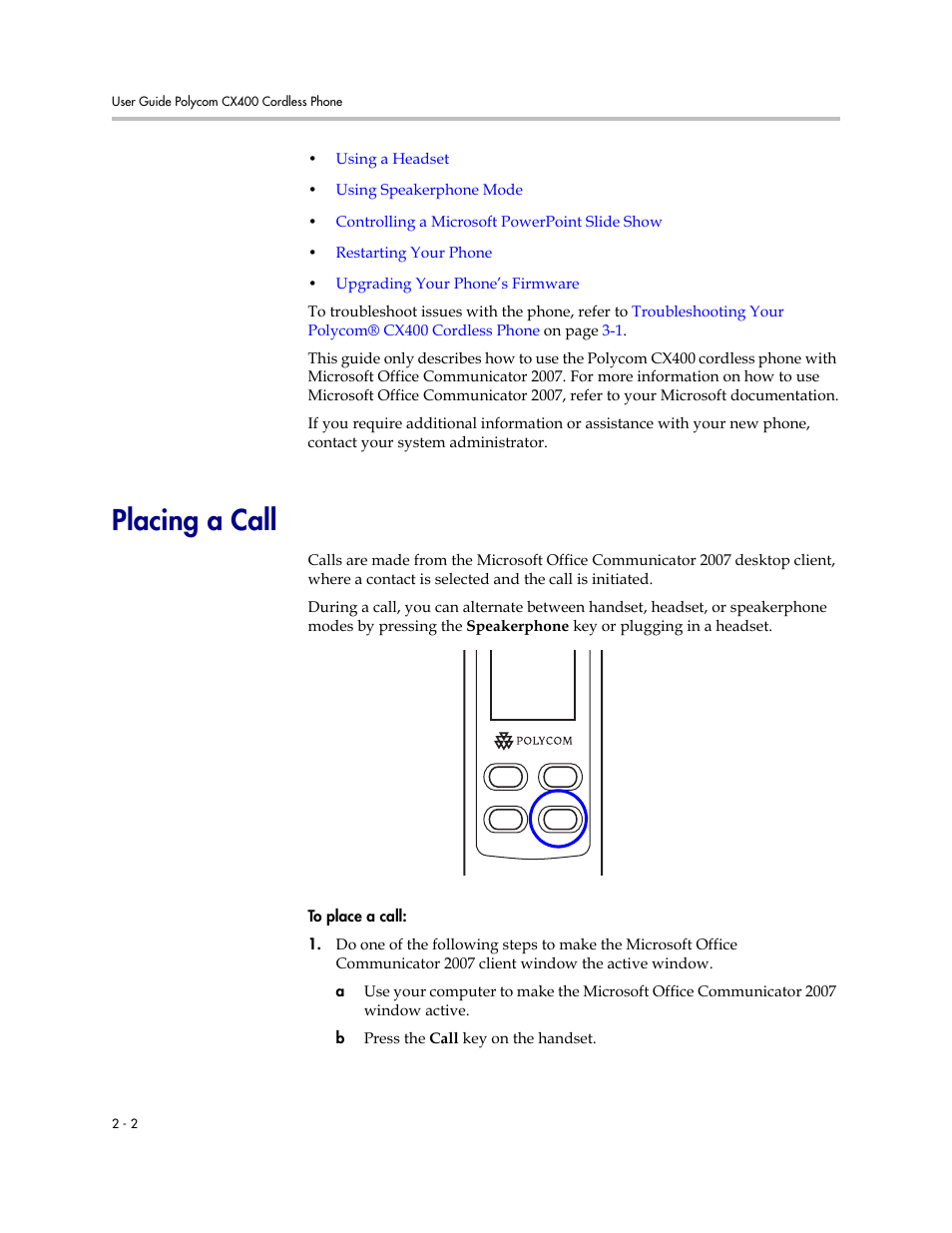 Placing a call, Placing a call –2 | Polycom CX400 User Manual | Page 18 / 42