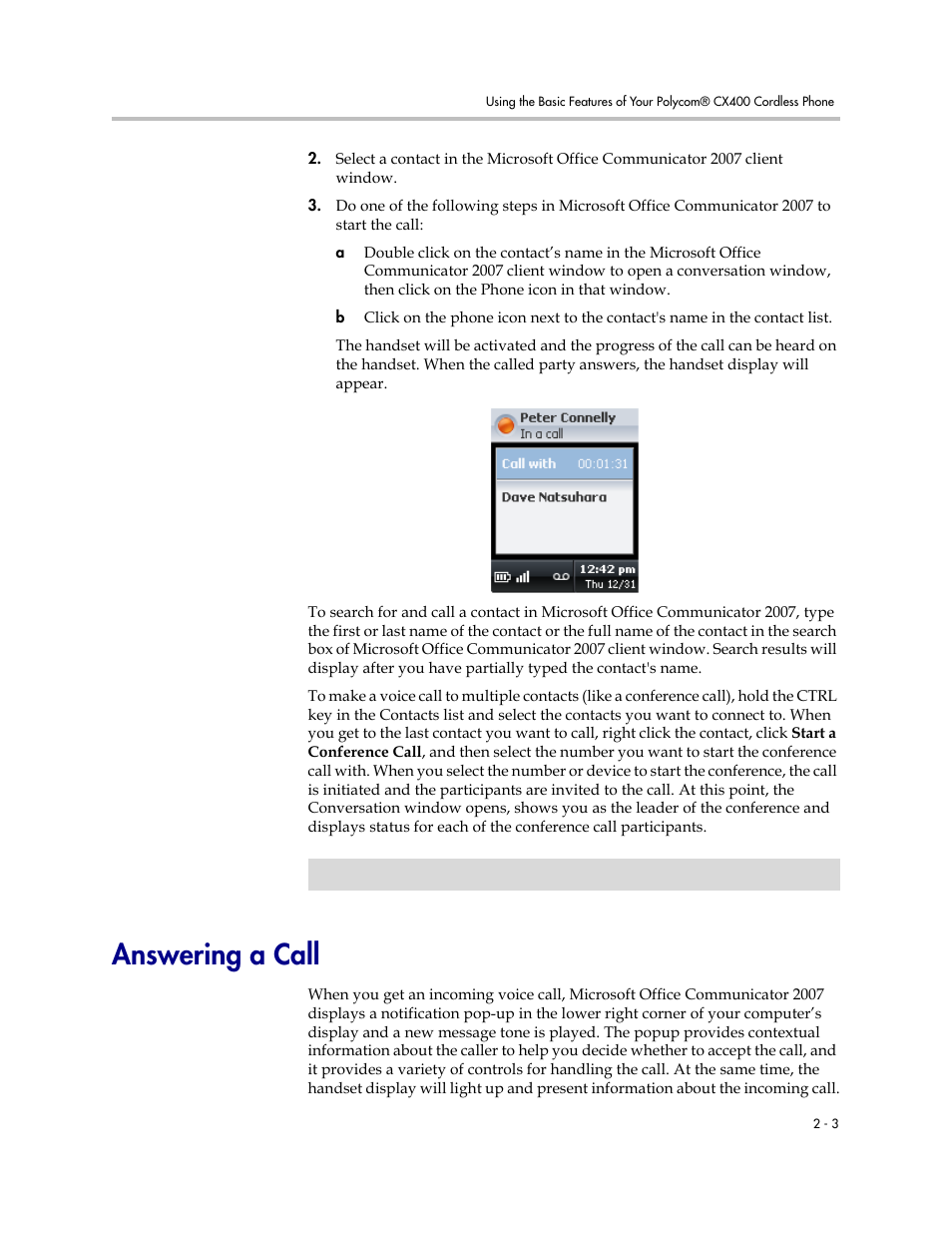 Answering a call, Answering a call –3 | Polycom CX400 User Manual | Page 19 / 42